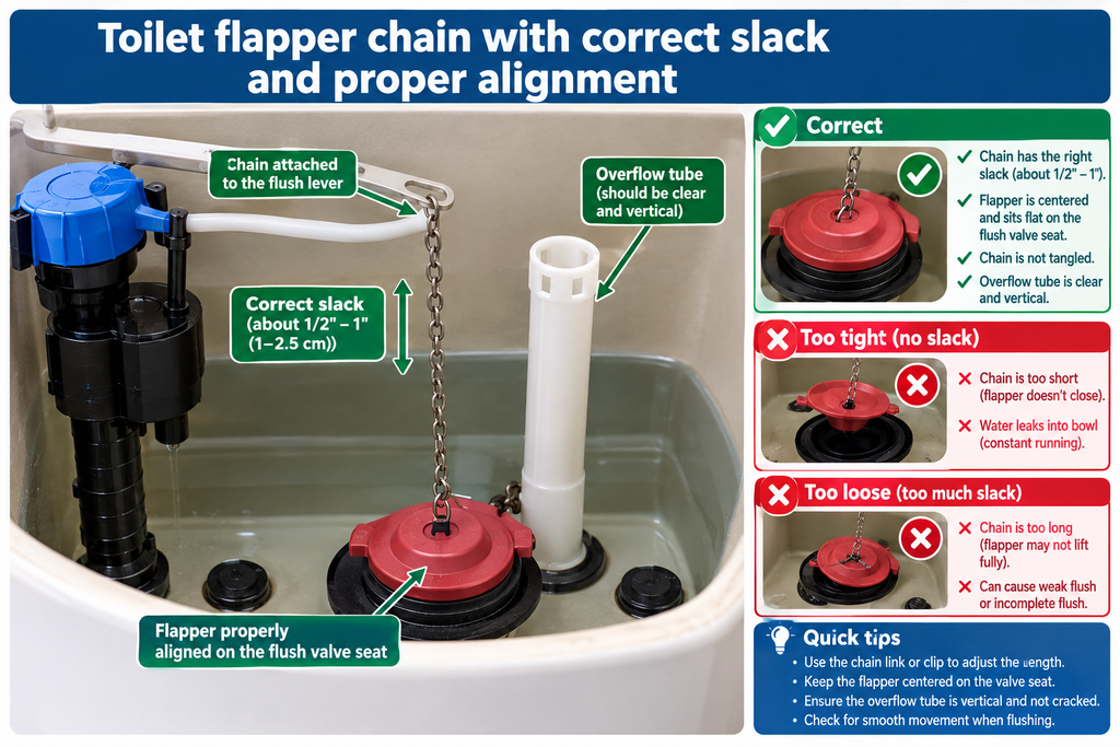 Toilet flapper chain with correct slack and proper alignment