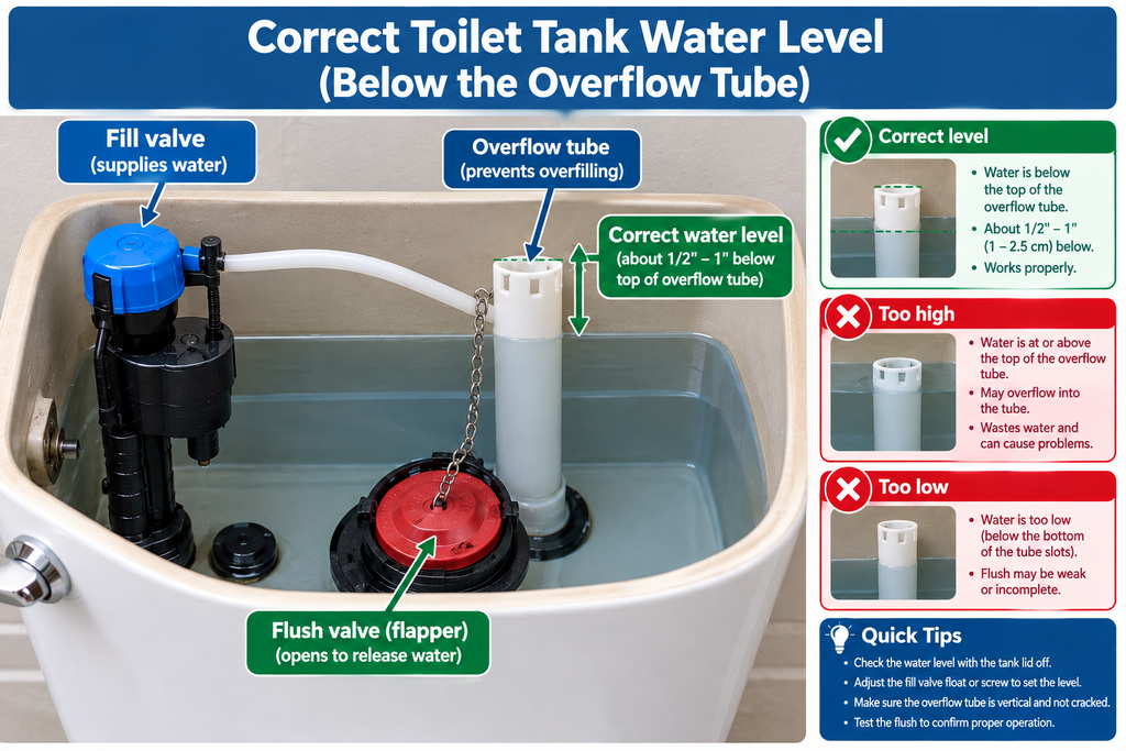 Correct toilet tank water level below the overflow tube