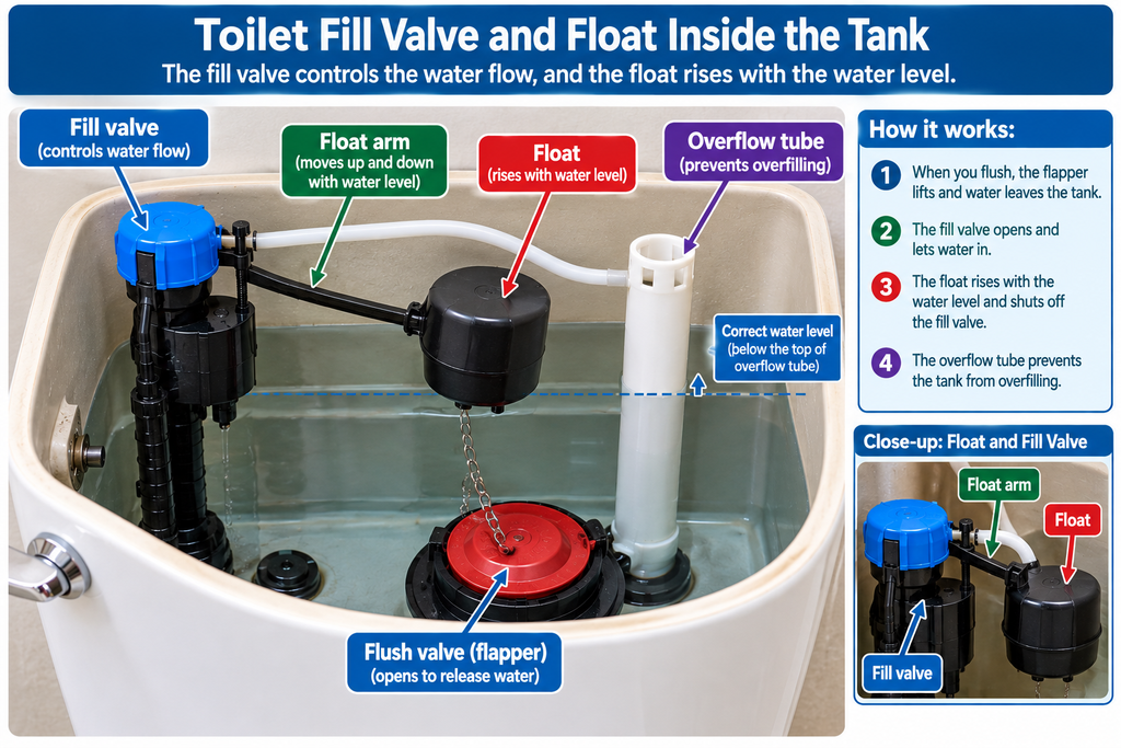 Toilet fill valve and float inside the tank