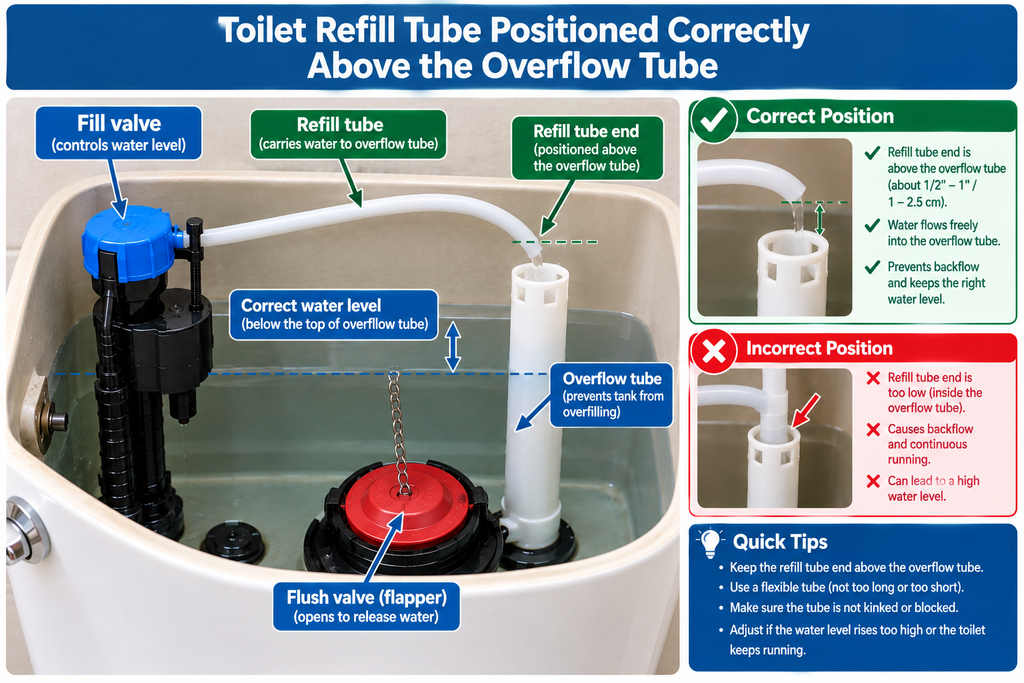 Toilet refill tube positioned correctly above the overflow tube