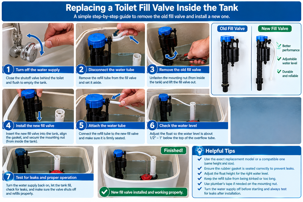 Replacing a toilet fill valve inside the tank
