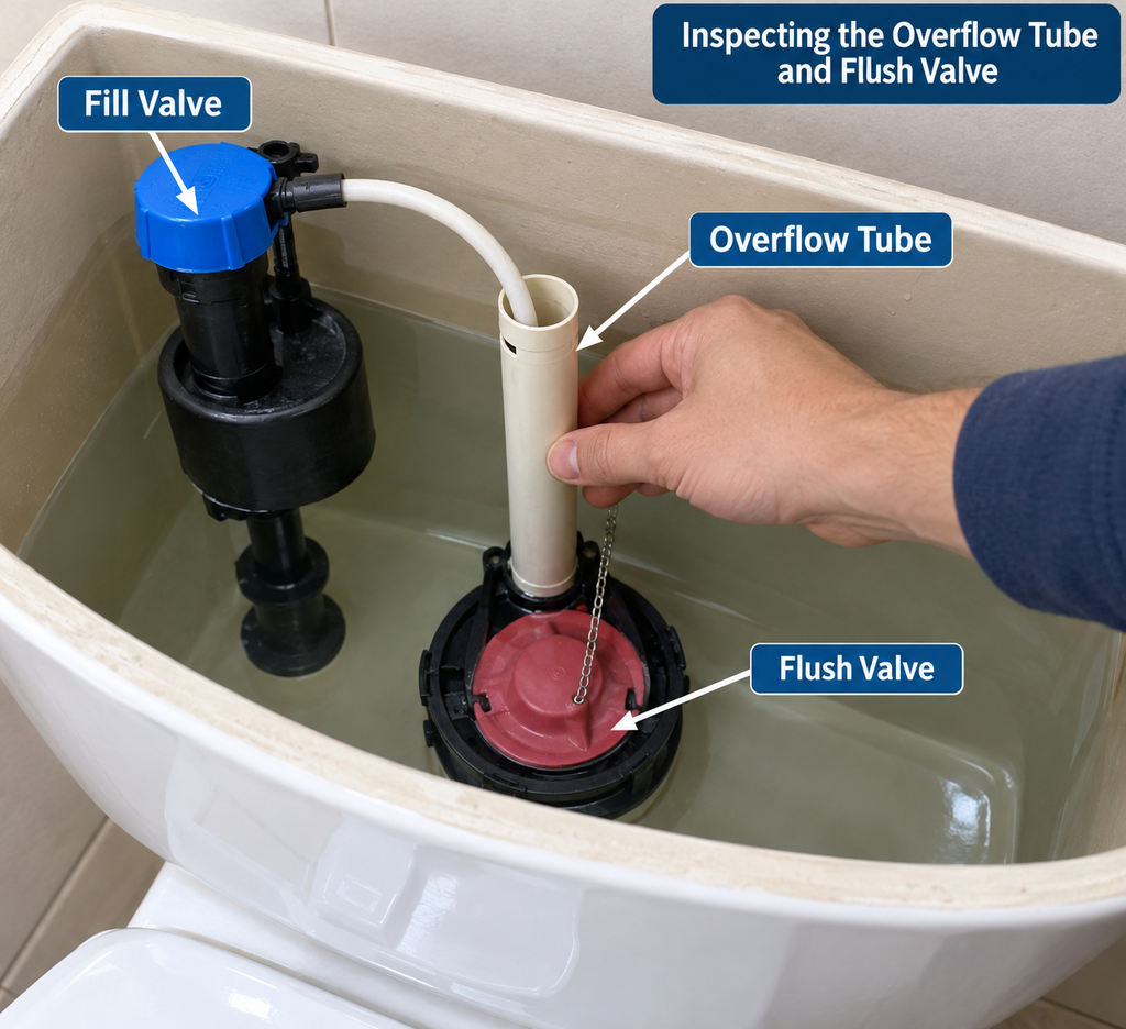 Inspecting the overflow tube and flush valve inside a toilet tank