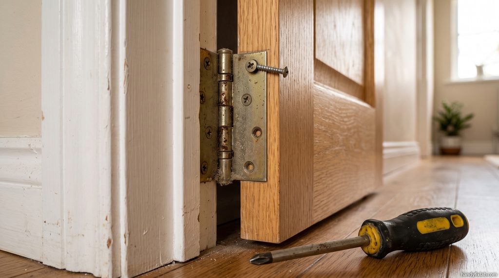 Squeaky door hinge with dust rust and loose screw