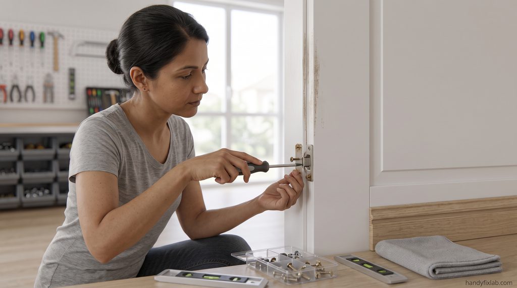 Homeowner tightening hinge screws on a wooden door