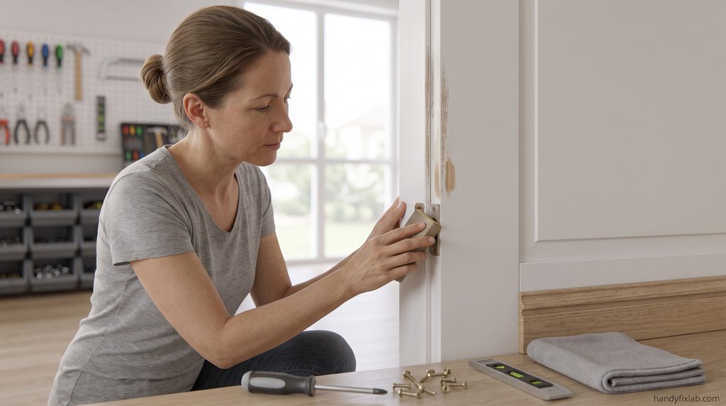 Homeowner sanding the rubbing area on a wooden door