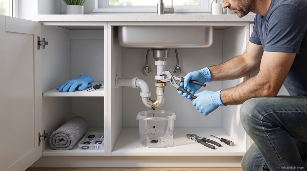 Homeowner cleaning the P-trap under a sink