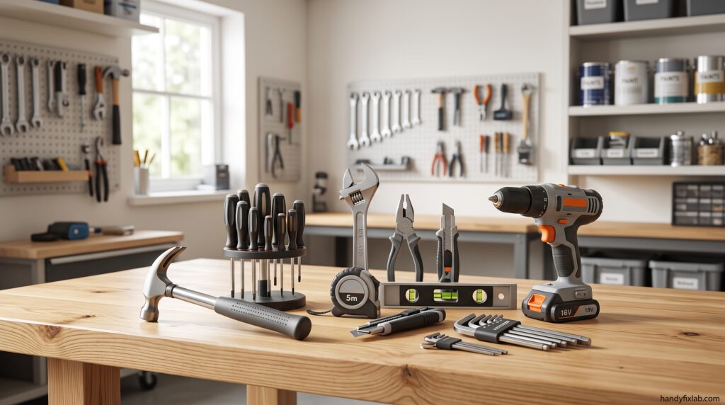 Essential tools for homeowners arranged on a workbench
