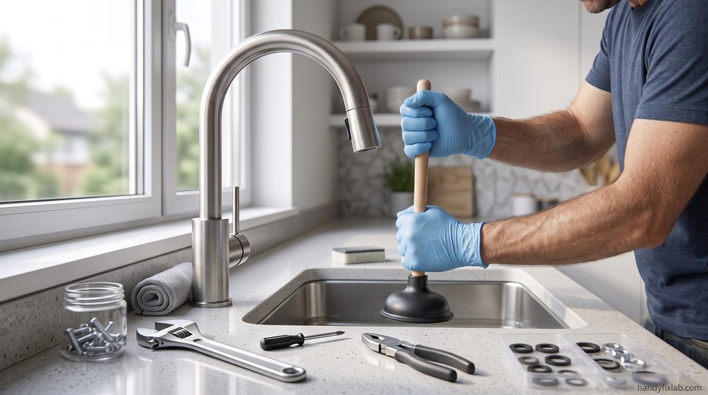 Homeowner using a sink plunger to clear a clogged drain