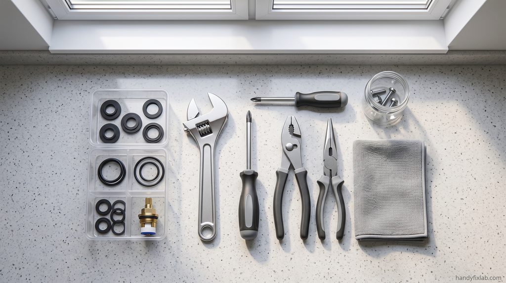 Basic tools and replacement parts for fixing a leaky faucet