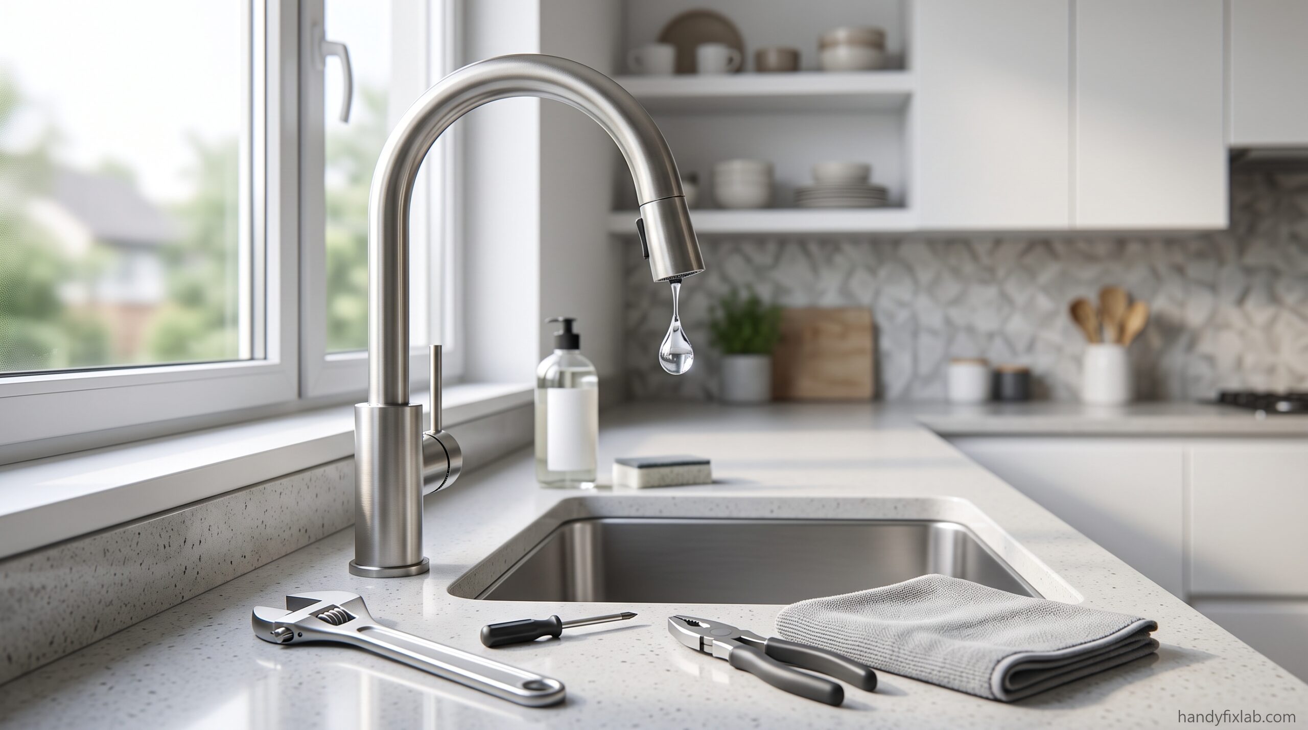 Leaky kitchen faucet with water dripping from the spout
