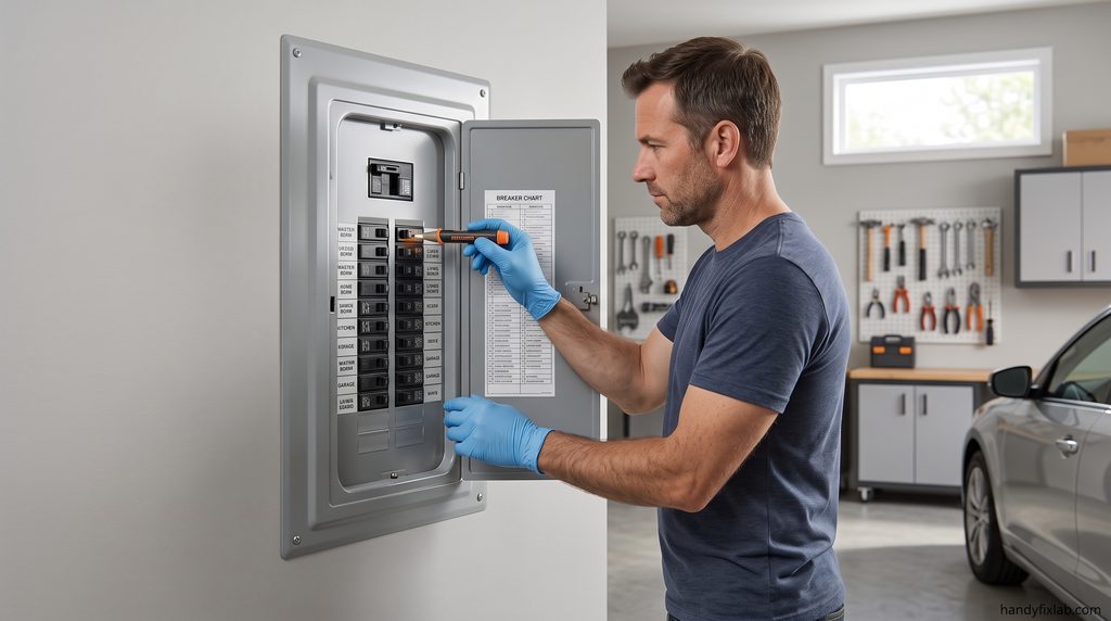 Homeowner checking the circuit breaker for a light switch problem