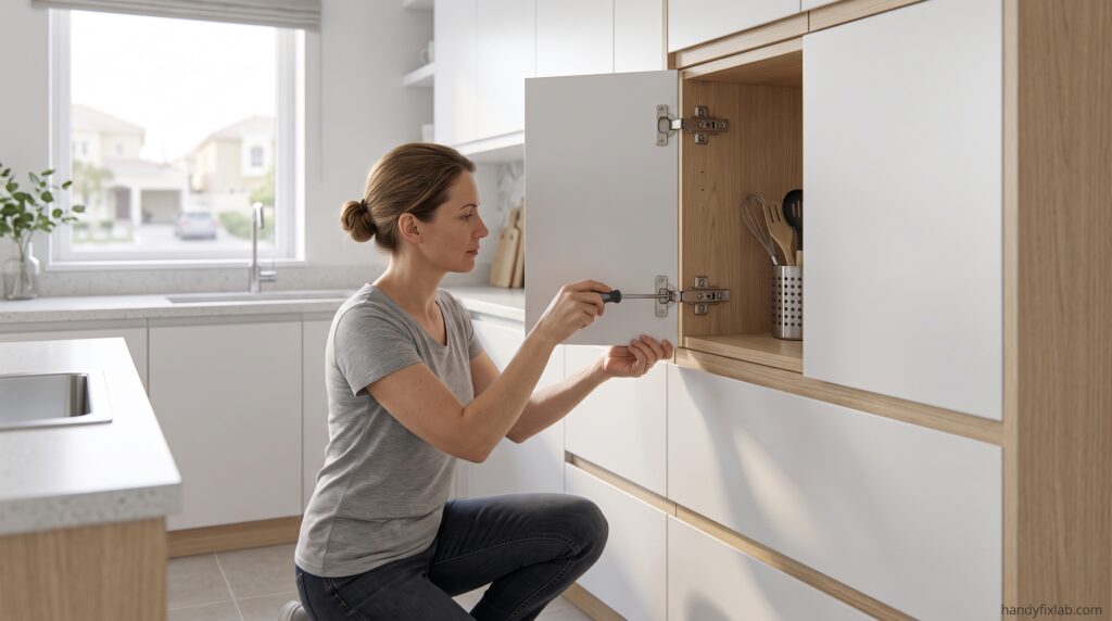 Loose cabinet door with visible hinge needing adjustment