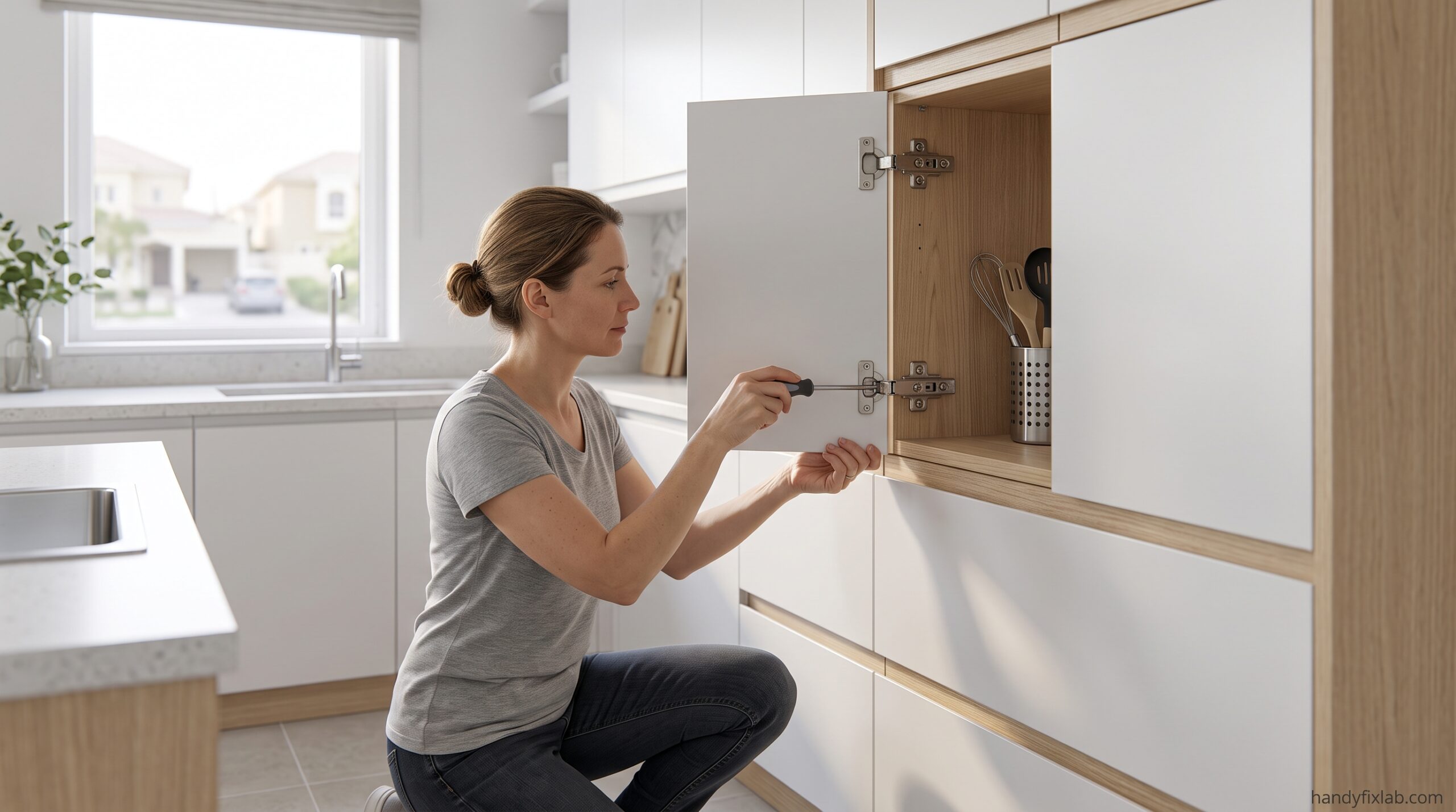 Loose cabinet door with visible hinge needing adjustment