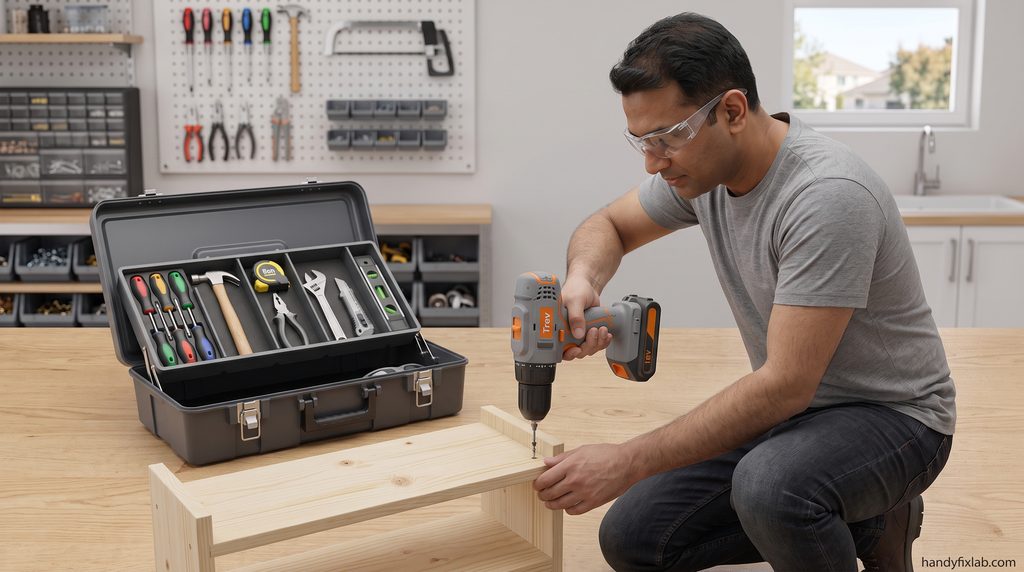 Homeowner wearing safety glasses while using a cordless drill