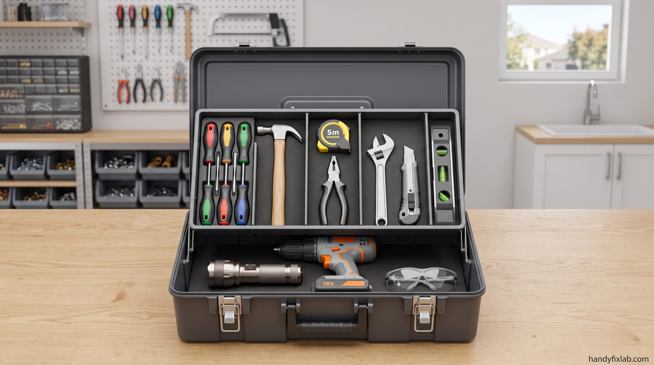 Basic home repair tools in a homeowner toolbox