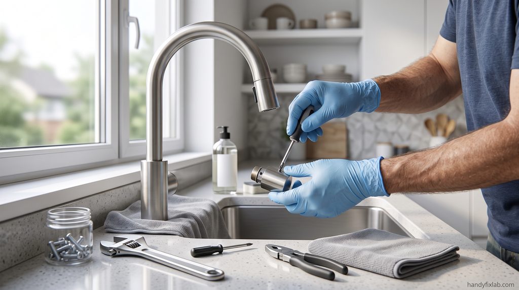 Homeowner removing a faucet handle during a DIY repair