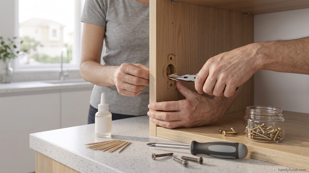Repairing a stripped cabinet hinge screw hole
