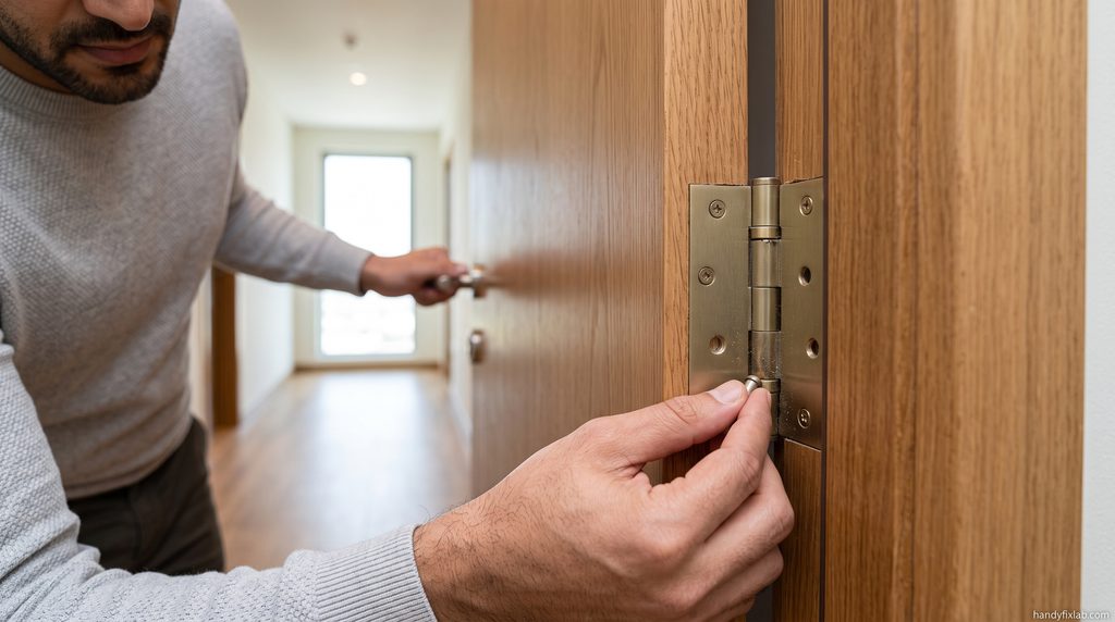Homeowner checking door hinges for squeaking