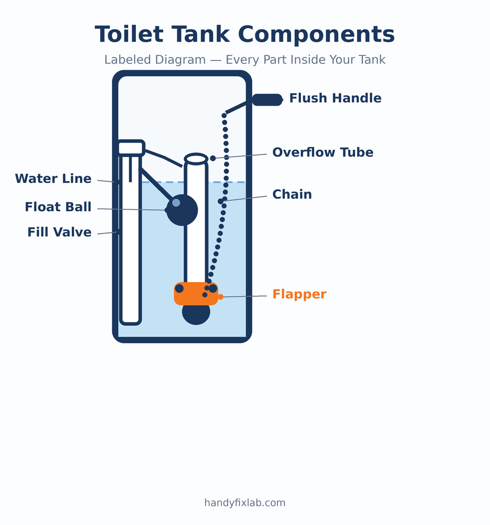 Close-up of a toilet flapper and chain inside the tank