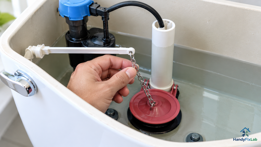 Toilet tank flapper and chain connected to the flush handle