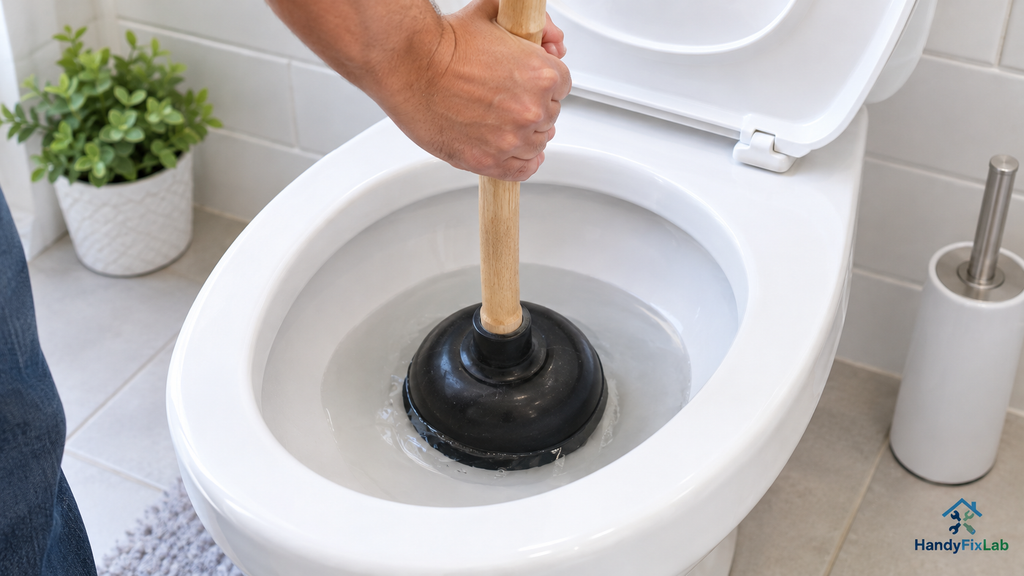 Toilet plunger positioned over the drain to clear a partial clog