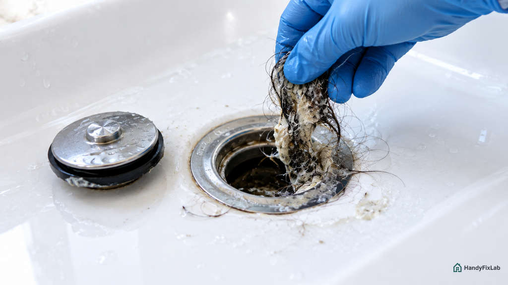 Hair and soap buildup blocking a bathtub drain