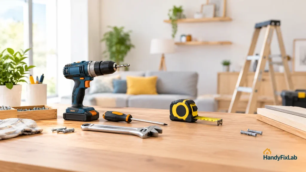 Home repair and DIY tools in a bright workspace